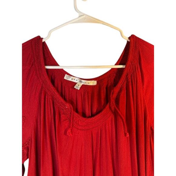 Max Studio Red Scoop Neck 3/4 Long Textured Sleeves Blouse Women Sz S - Picture 3 of 9